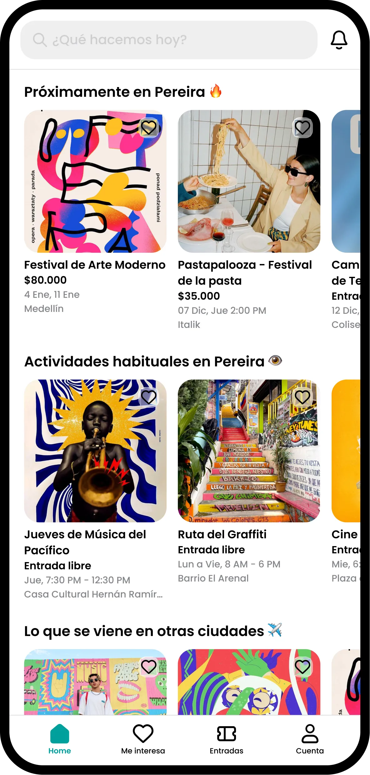 Pantalla de inicio de Merodr con los próximos eventos de la ciudad